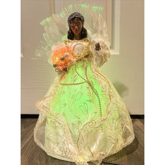 Fiber Optic CHRISTMAS African American 12” Ceramic Angel Tree Topper Plug In - Picture 3 of 10